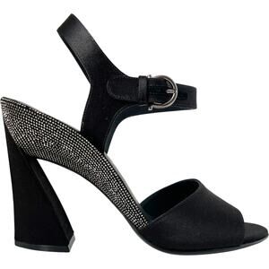 Salvatore Ferragamo Aede Black Satin Rhinestone Block Heel Sandals 6.5 Evening
